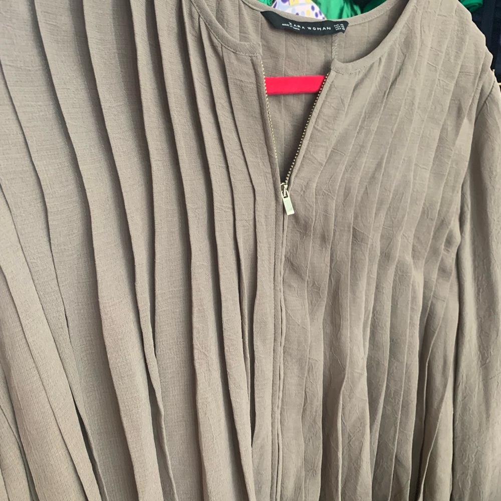 Pleated Taupe Lightweight Zip-Front Blouse